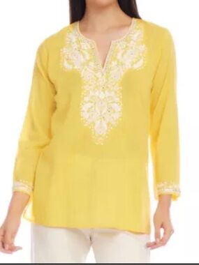 Karen Kane Yellow Embroidered V-Notch Tunic